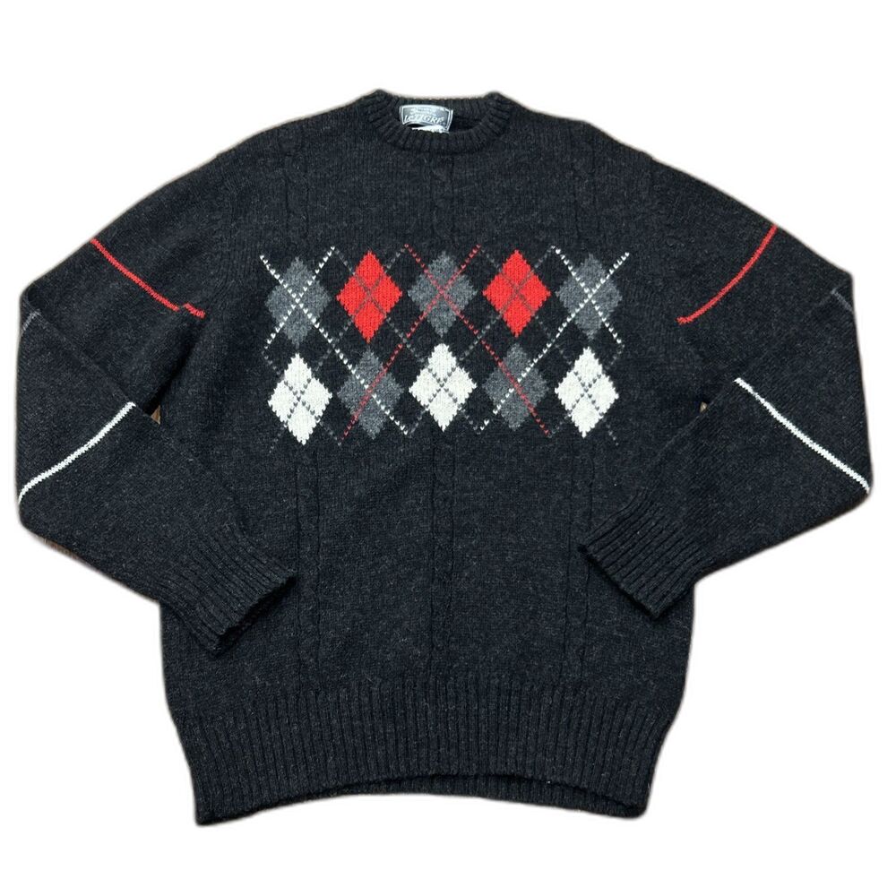 Le Tigre Sweater Mens XL Pure Wool Argyle Knit Crewneck Pullover Charcoal
